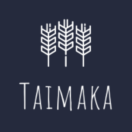 white on grey logo with wheat depiction stating Taimaka