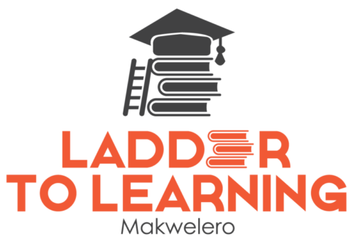 logo with grey pile of books and a ladder next to it and orange name ladder to learning